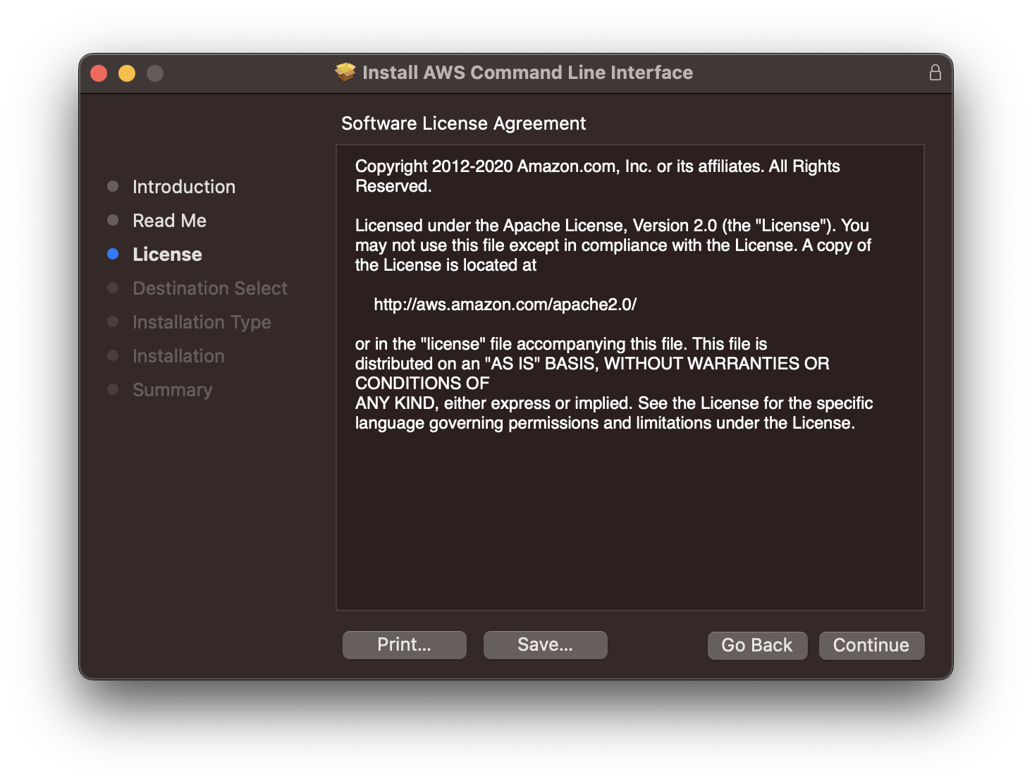3 - AWS CLI Installation Software License Agreement Screen